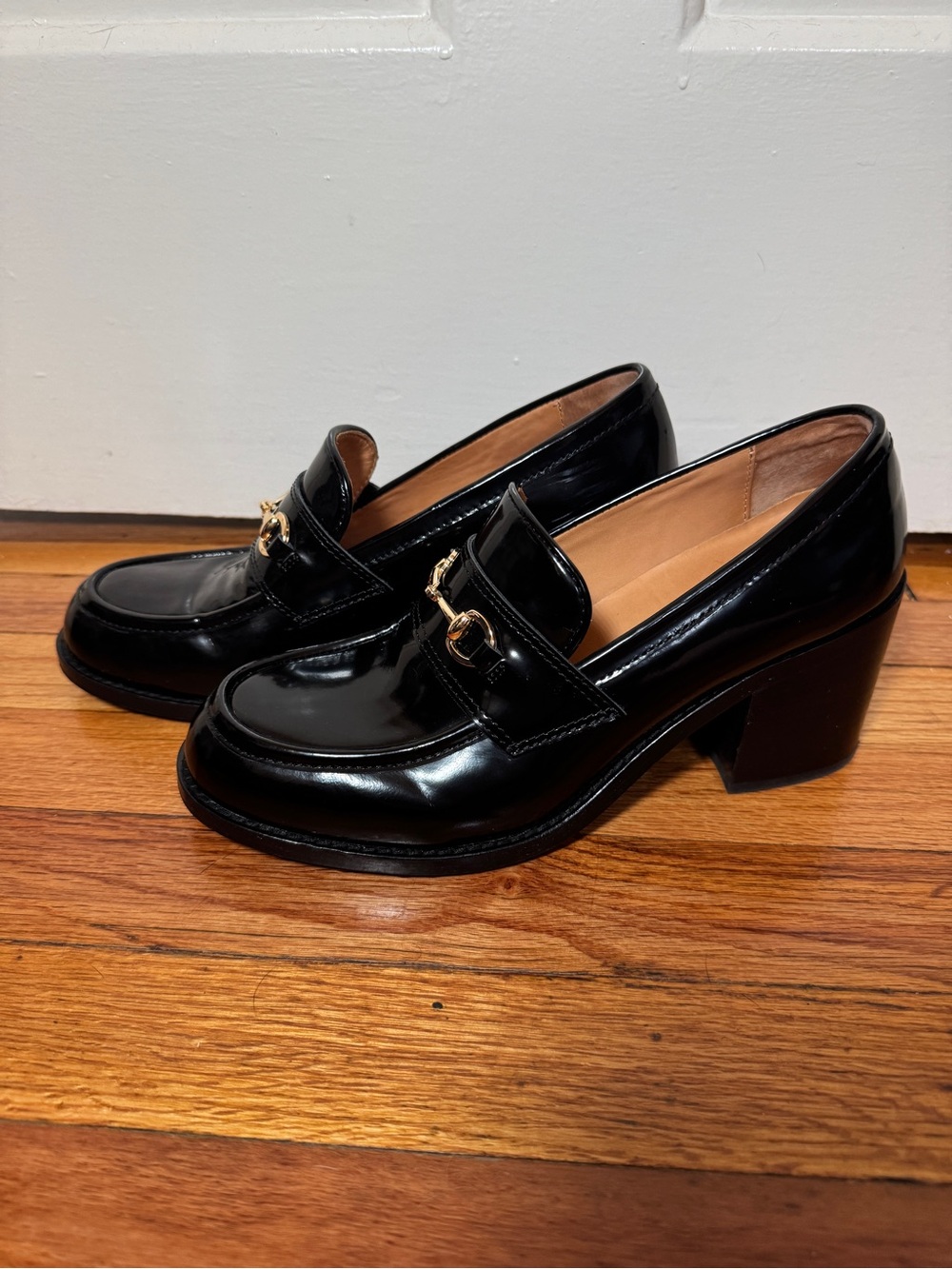 Thursday Boot Company Patent Block Heel Loafers with Gold Bit Detail